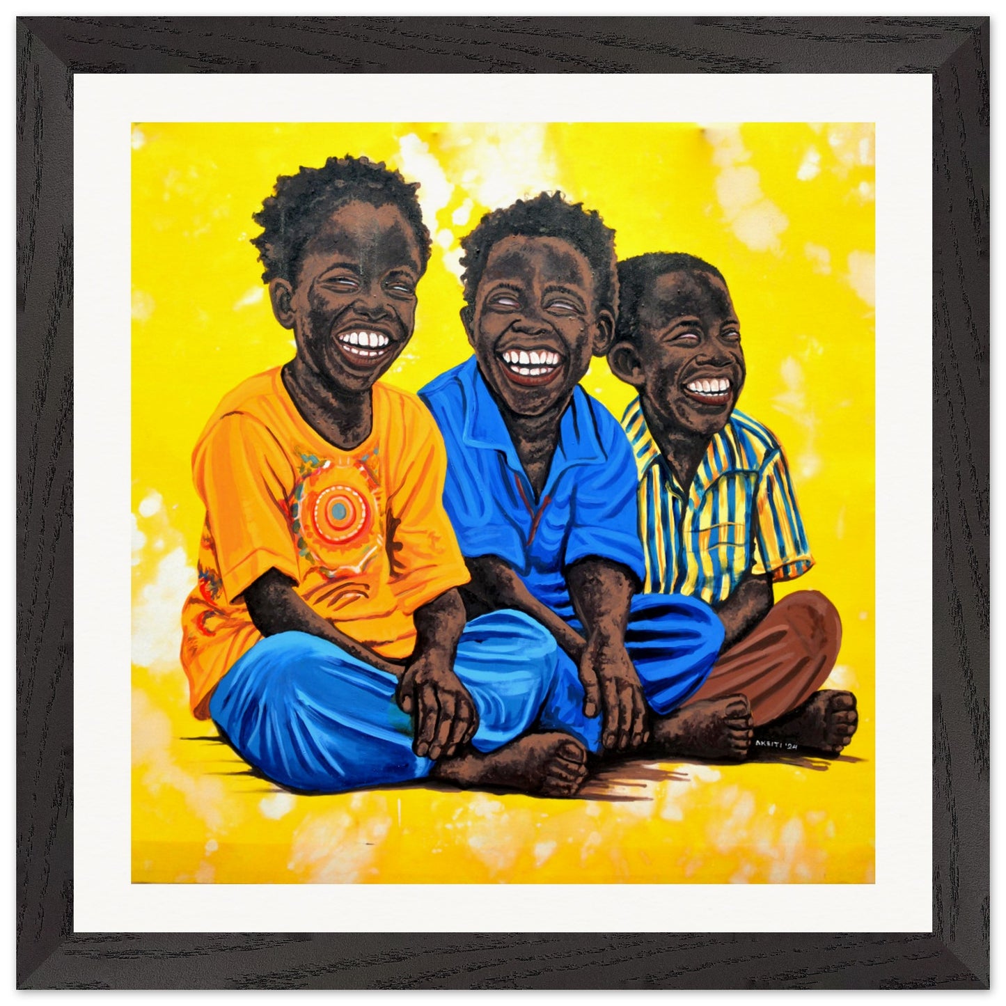 high-quality art print of Three Boys by Charity Aketi in black frame, medium-sized wall art