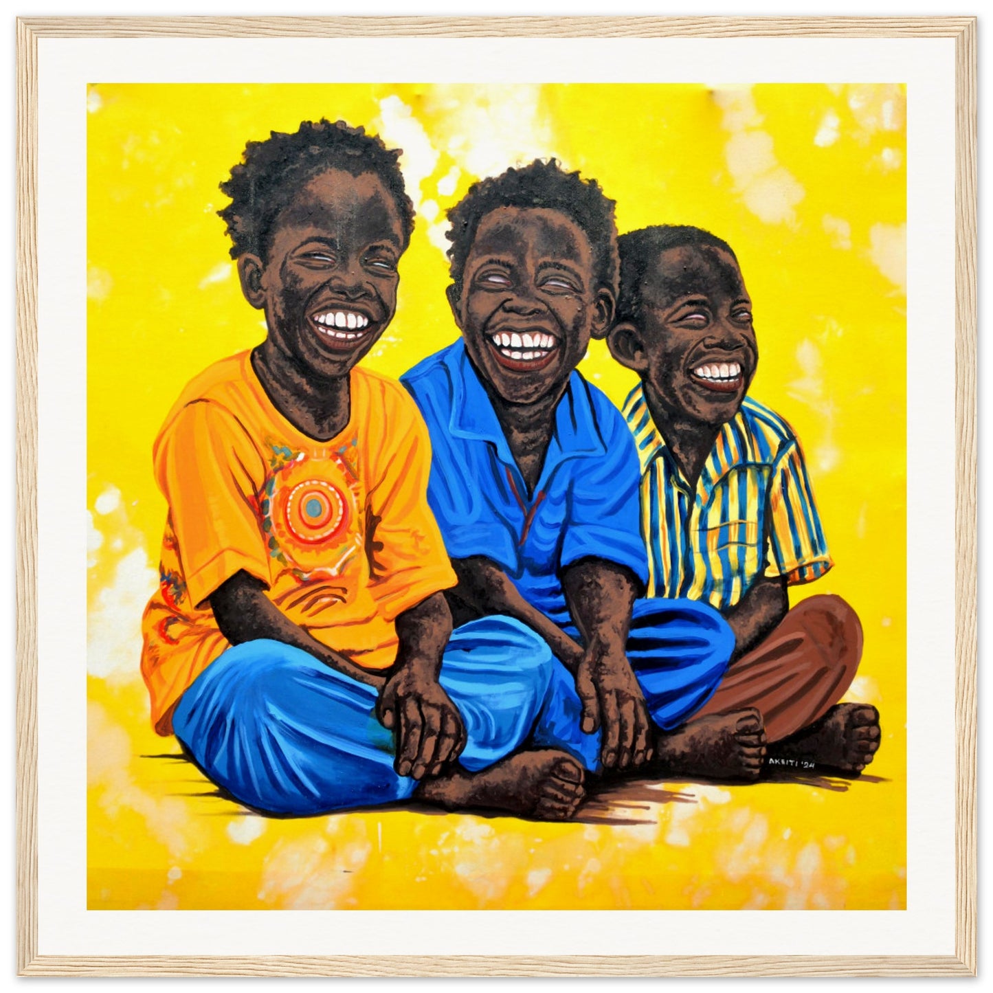 high-quality art print of Three Boys by Charity Aketi in wood frame, medium-sized wall art