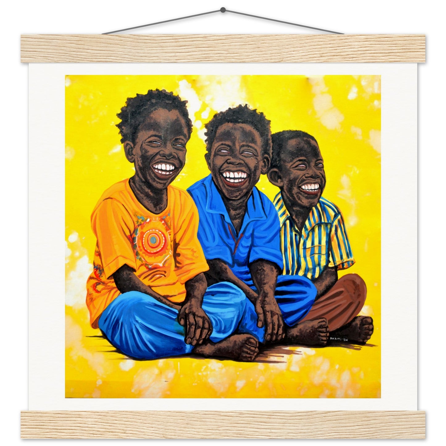 high-quality art print of Three Boys by Charity Aketi on wood hanger, medium-sized wall art