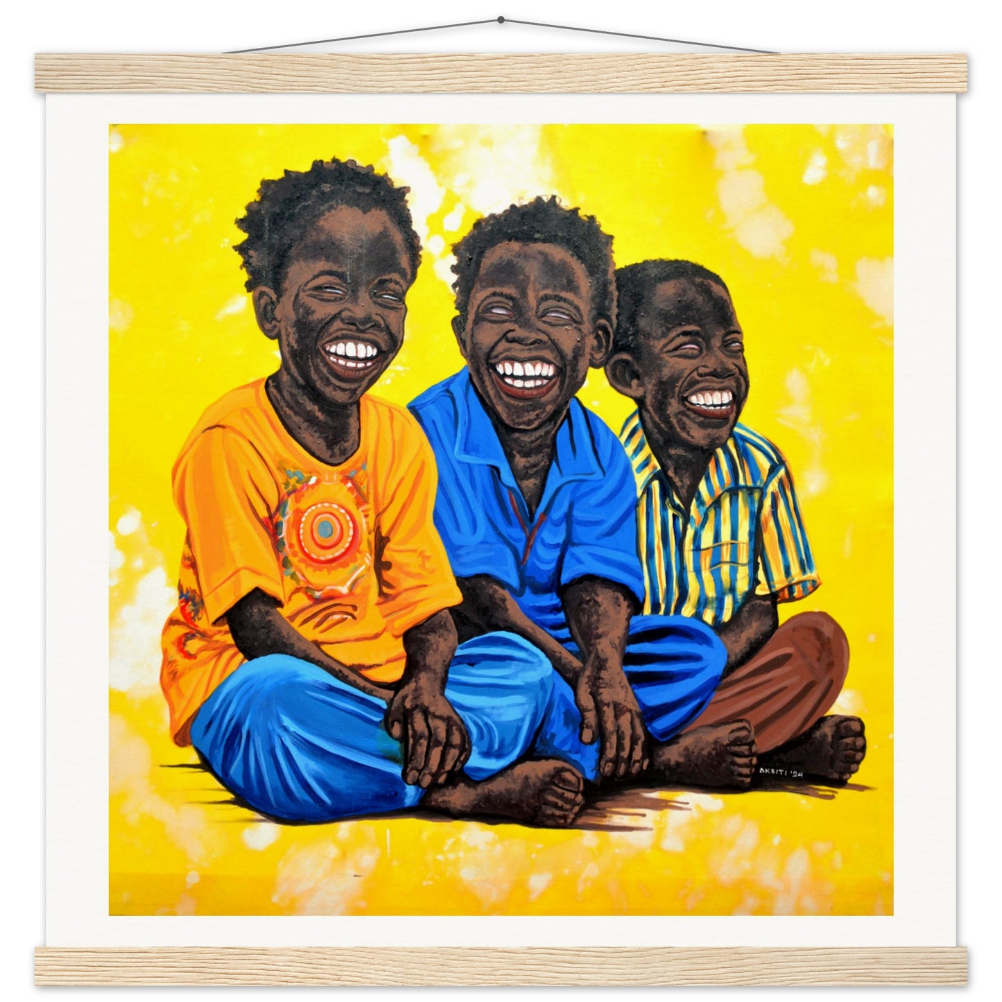high-quality art print of Three Boys by Charity Aketi on wood hanger, small-sized wall art