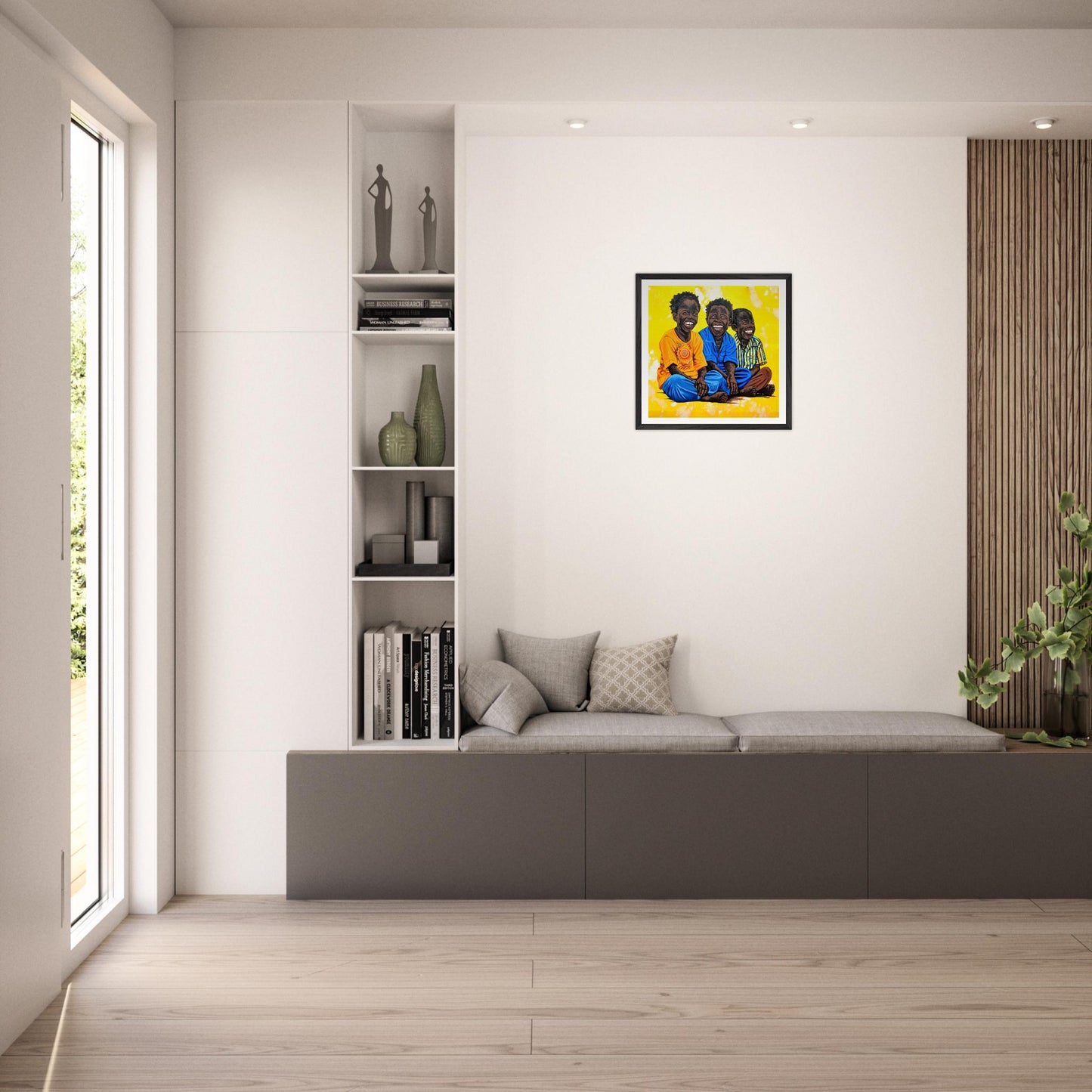 high-quality art print of Three Boys by Charity Aketi in black frame, medium-sized wall art in livingroom