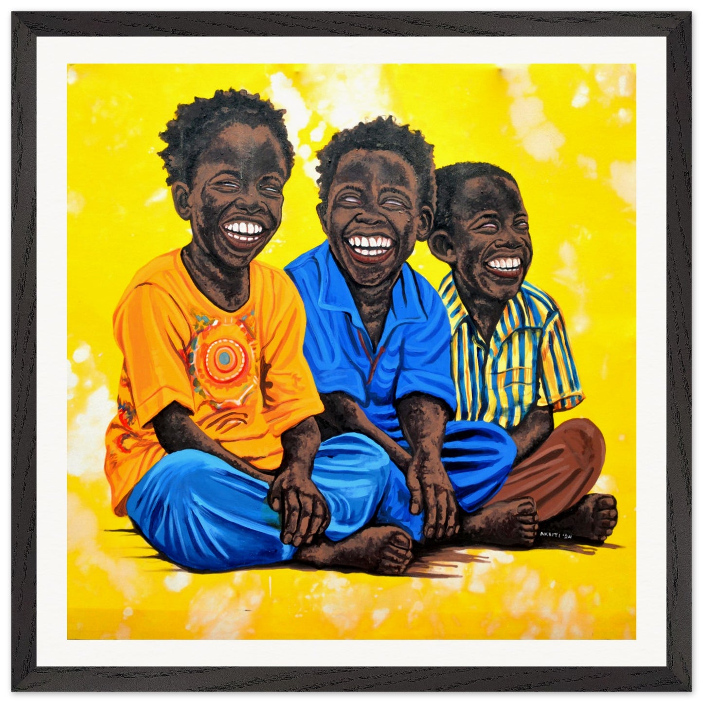high-quality art print of Three Boys by Charity Aketi in black frame, medium-sized wall art