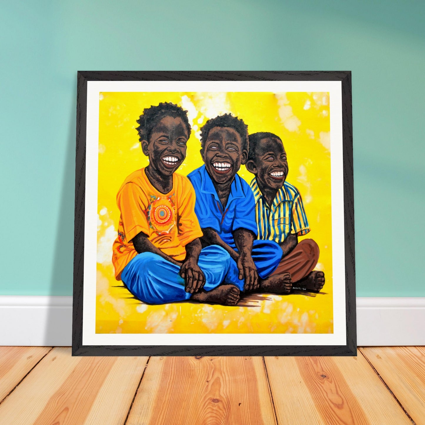high-quality art print of Three Boys by Charity Aketi in black frame, medium-sized wall art leaning on wall