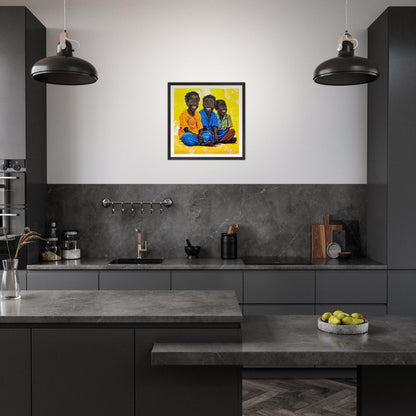 high-quality art print of   Three Boys by Charity Aketi  in black frame, medium-sized wall art in kitchen