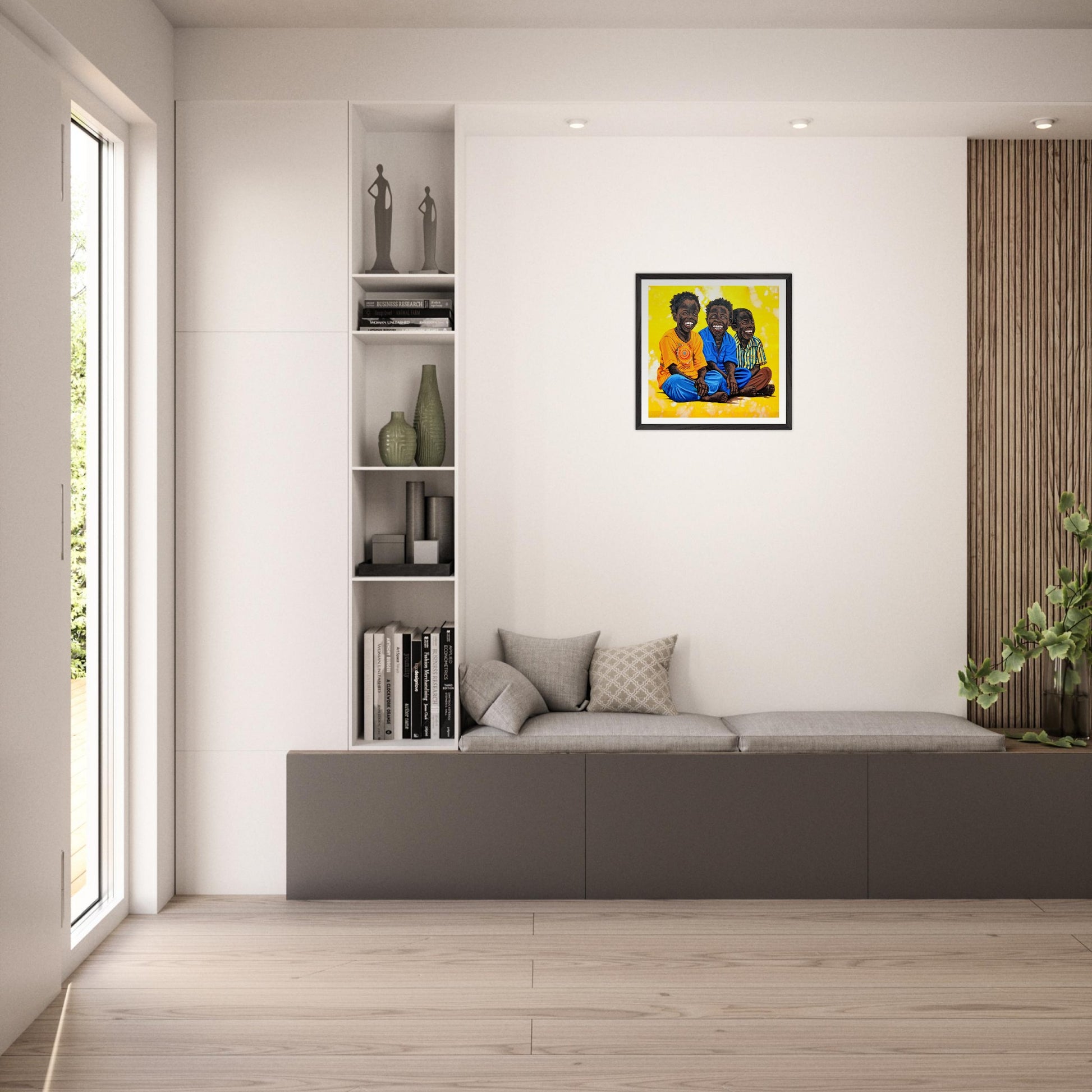 high-quality art print of Three Boys by Charity Aketi  in black frame, medium-sized wall art in livingroom
