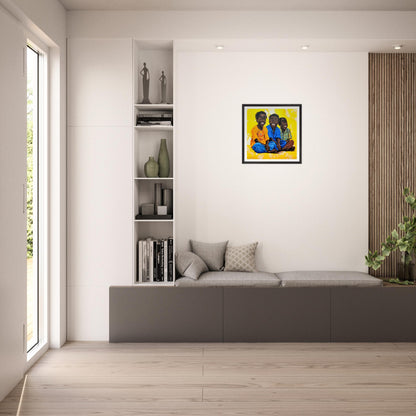 high-quality art print of Three Boys by Charity Aketi  in black frame, medium-sized wall art in livingroom